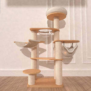 高質橡木純實木多功能貓爬架連太空艙貓窩 R2 (加粗貓抓柱5層款|140cm)-貓-毛孩物語Pets Thing|香港寵物貓狗用品專門店:IATA寵物飛機籠、寵物手推車、貓爬架貓樹