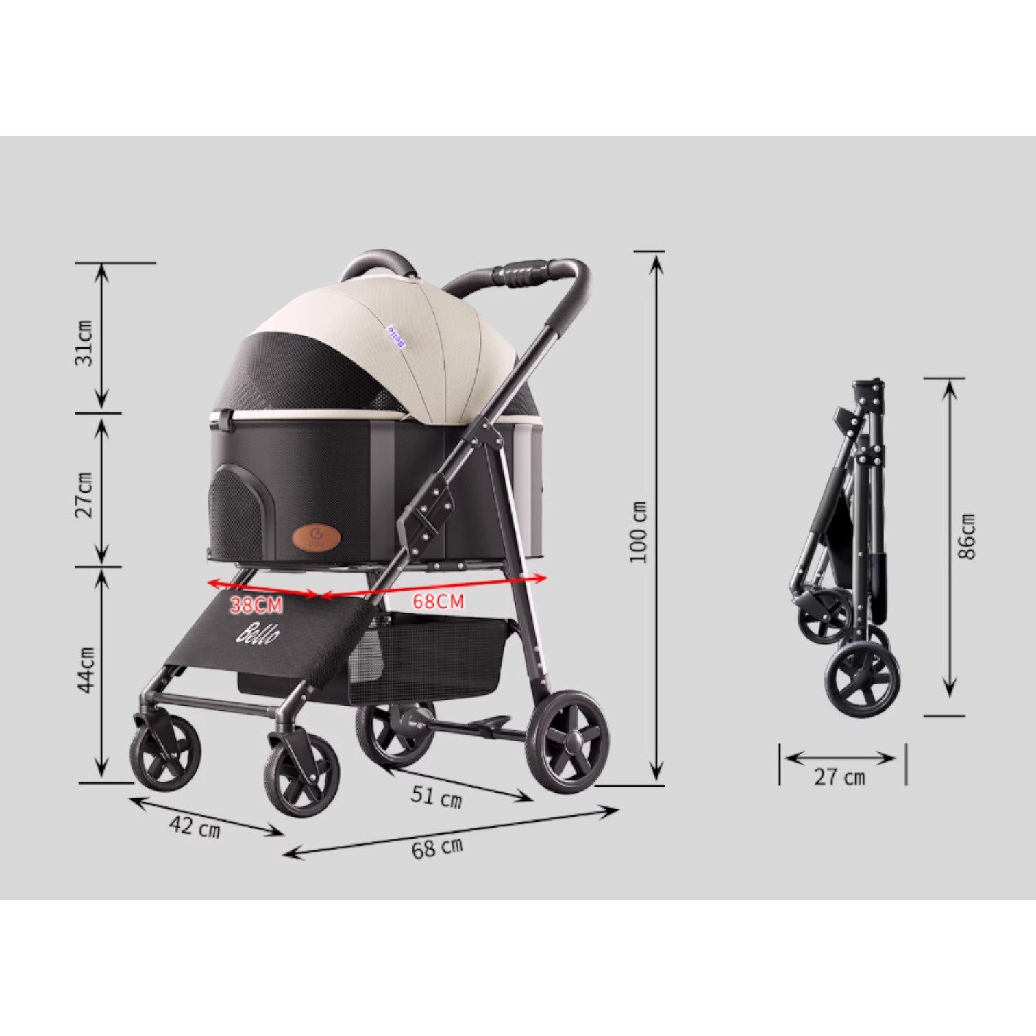 BELLO K3L Medium Separable Pet Stroller (Pet Weight Capacity: 10kg)
