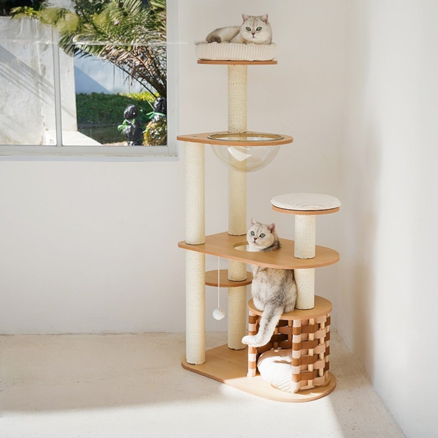 zeze Modern Wooden Cat Tree with Scratching Post and Platforms (Five-Tiered Space/Includes Space Capsule)