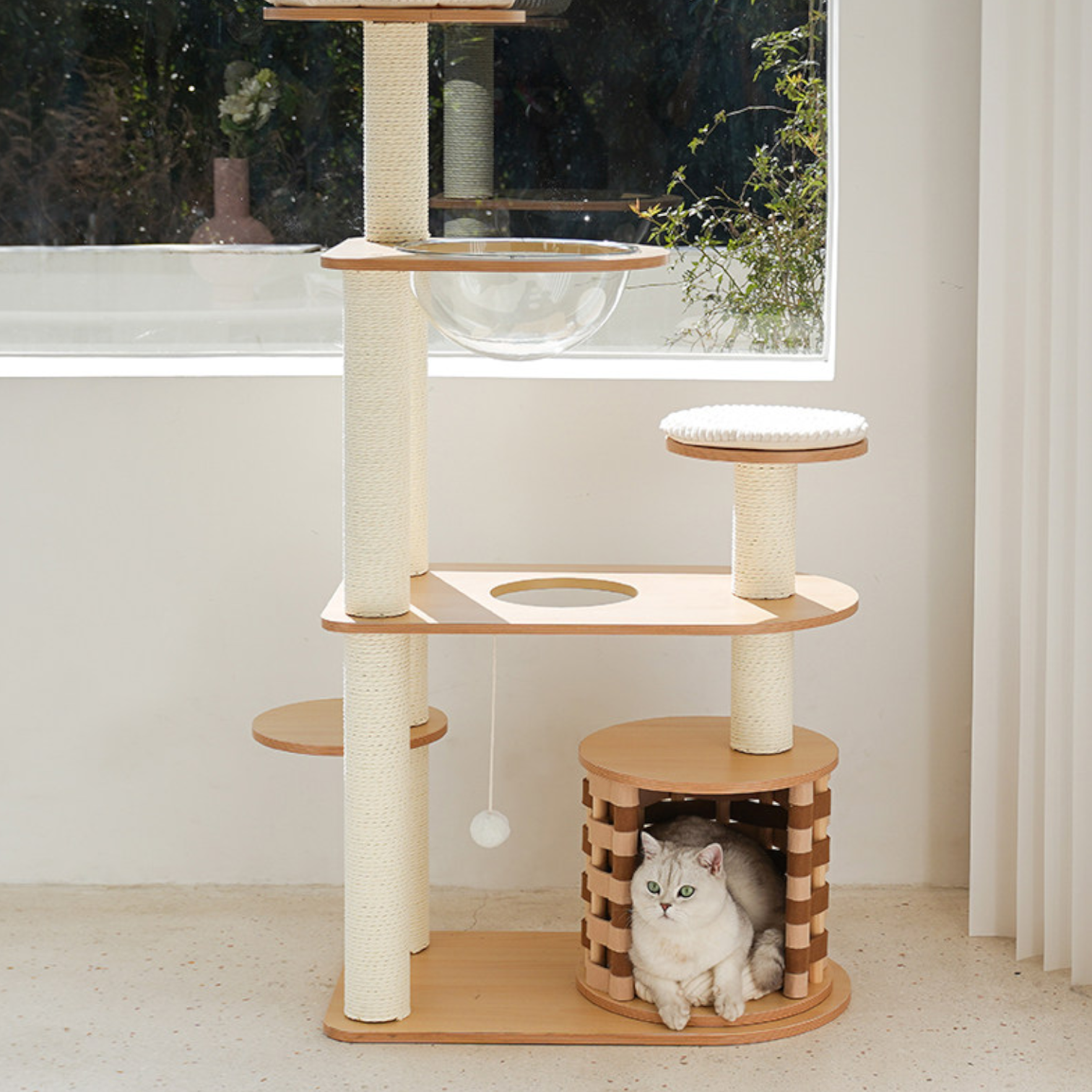zeze Modern Wooden Cat Tree with Scratching Post and Platforms (Five-Tiered Space/Includes Space Capsule)