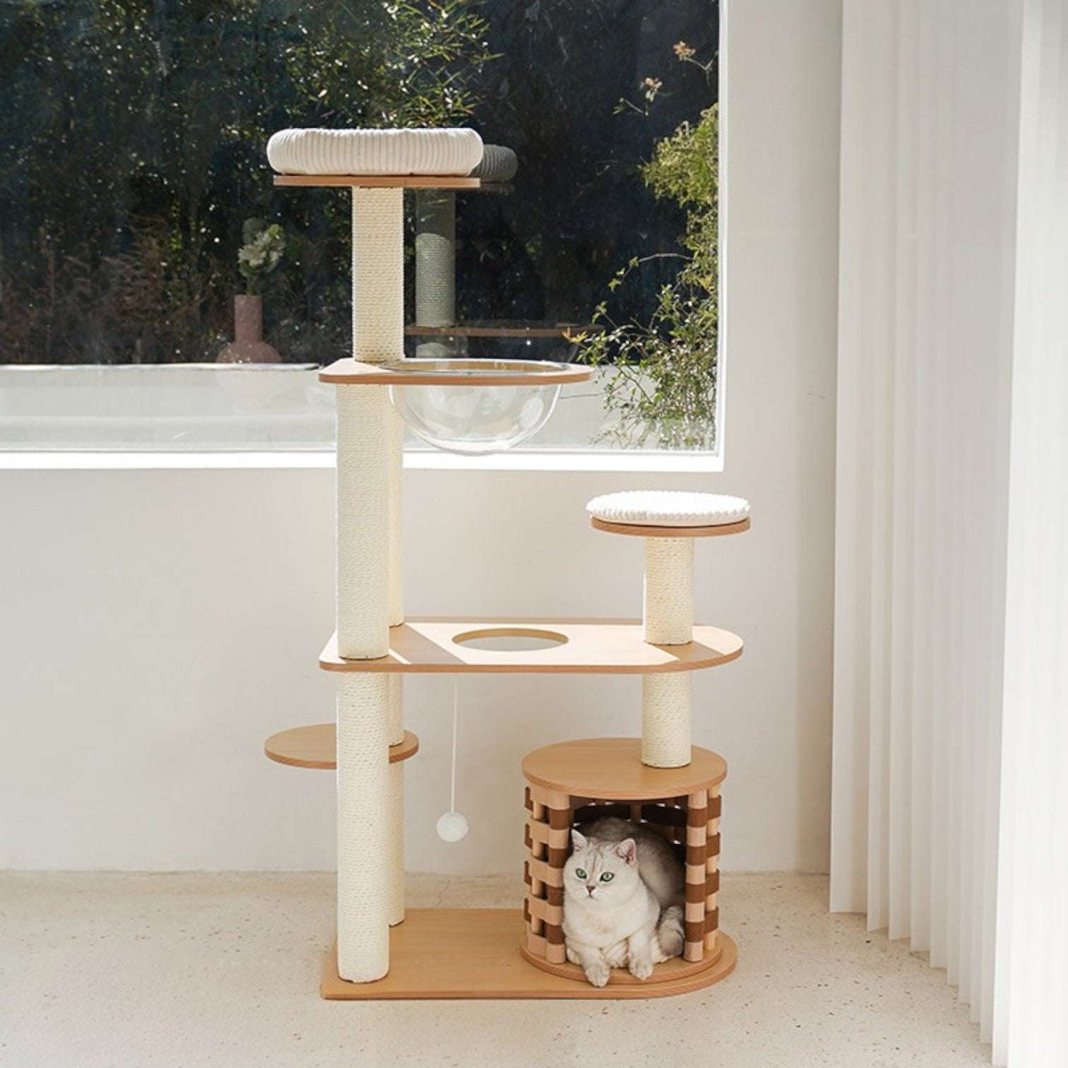 zeze Modern Wooden Cat Tree with Scratching Post and Platforms (Five-Tiered Space/Includes Space Capsule)