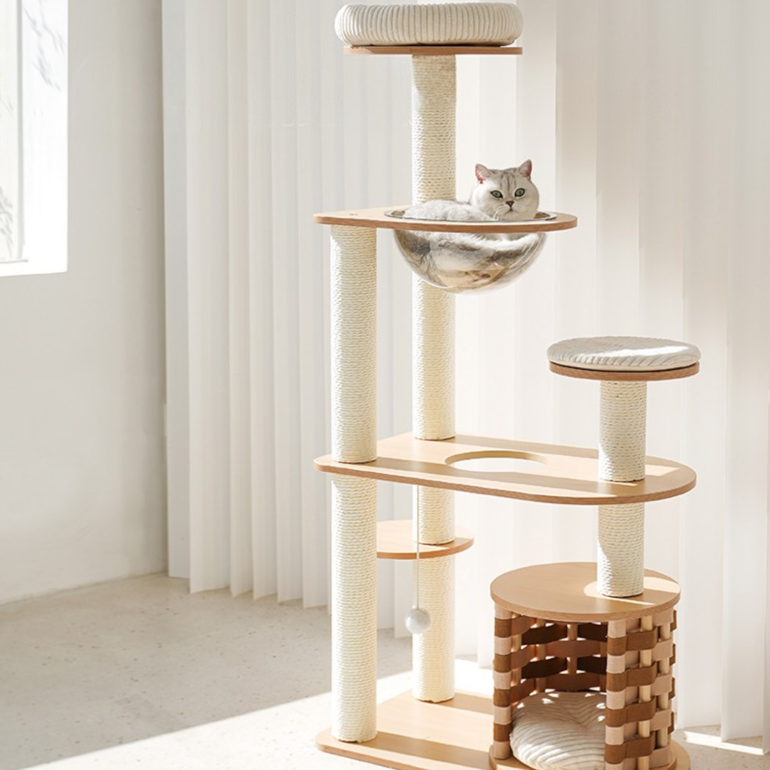 zeze Modern Wooden Cat Tree with Scratching Post and Platforms (Five-Tiered Space/Includes Space Capsule)