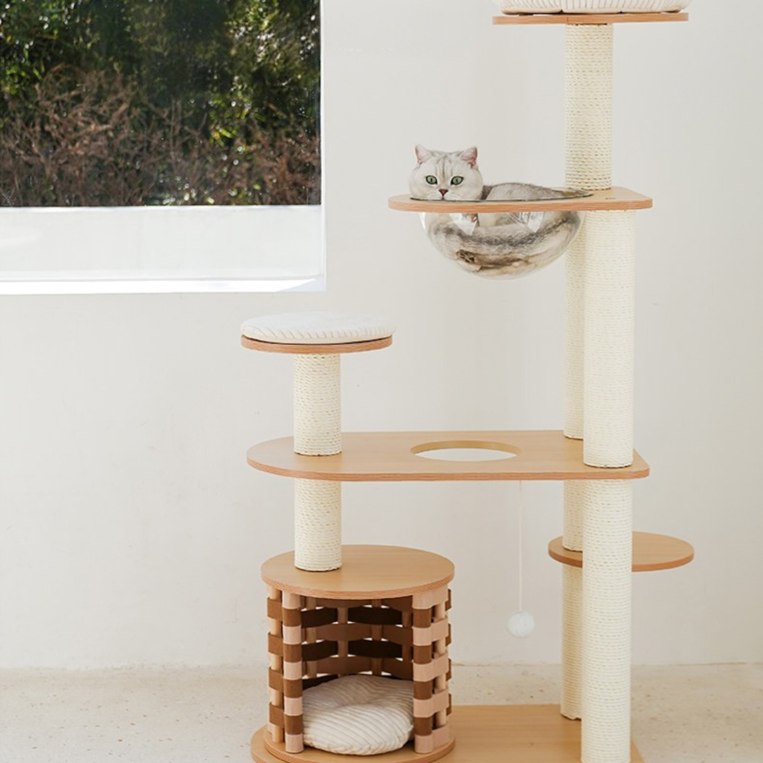 zeze Modern Wooden Cat Tree with Scratching Post and Platforms (Five-Tiered Space/Includes Space Capsule)