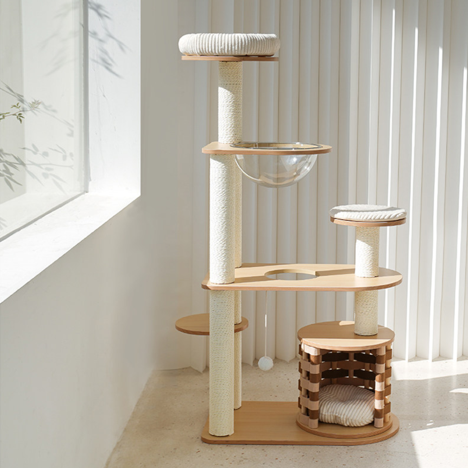 zeze Modern Wooden Cat Tree with Scratching Post and Platforms (Five-Tiered Space/Includes Space Capsule)