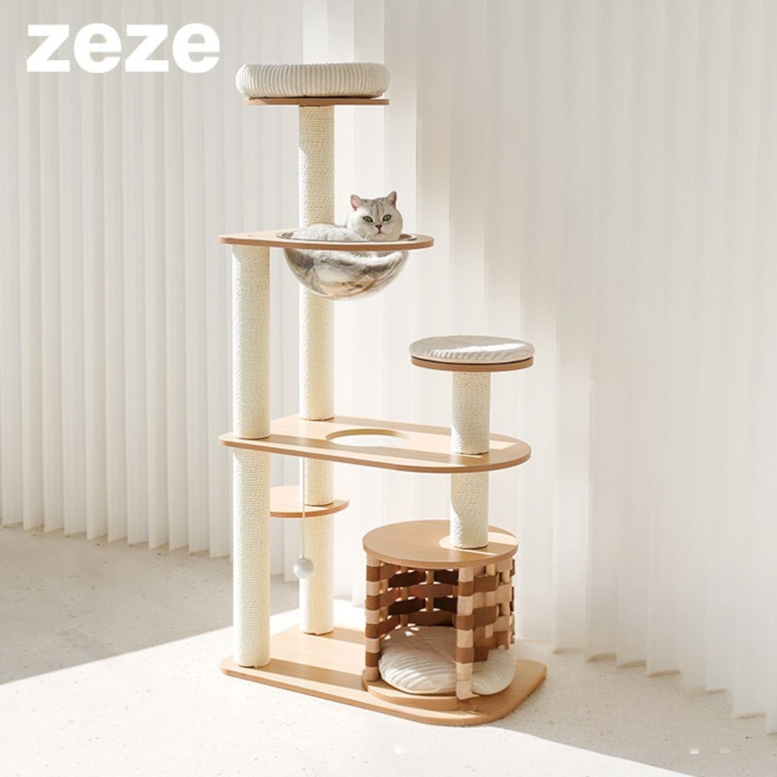zeze Modern Wooden Cat Tree with Scratching Post and Platforms (Five-Tiered Space/Includes Space Capsule)