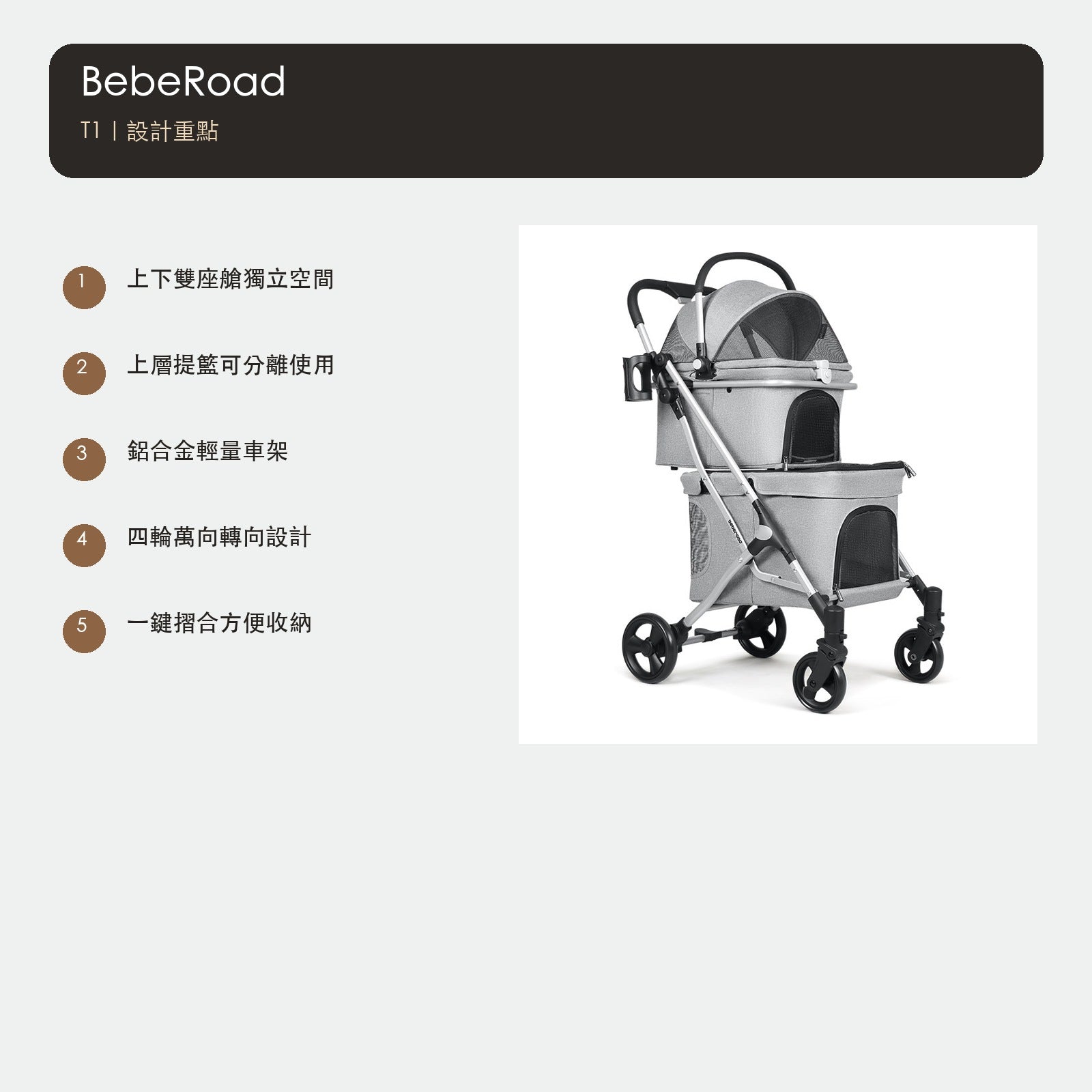 BebeRoad T1 雙層輕便可摺疊寵物推車 商品圖片 5