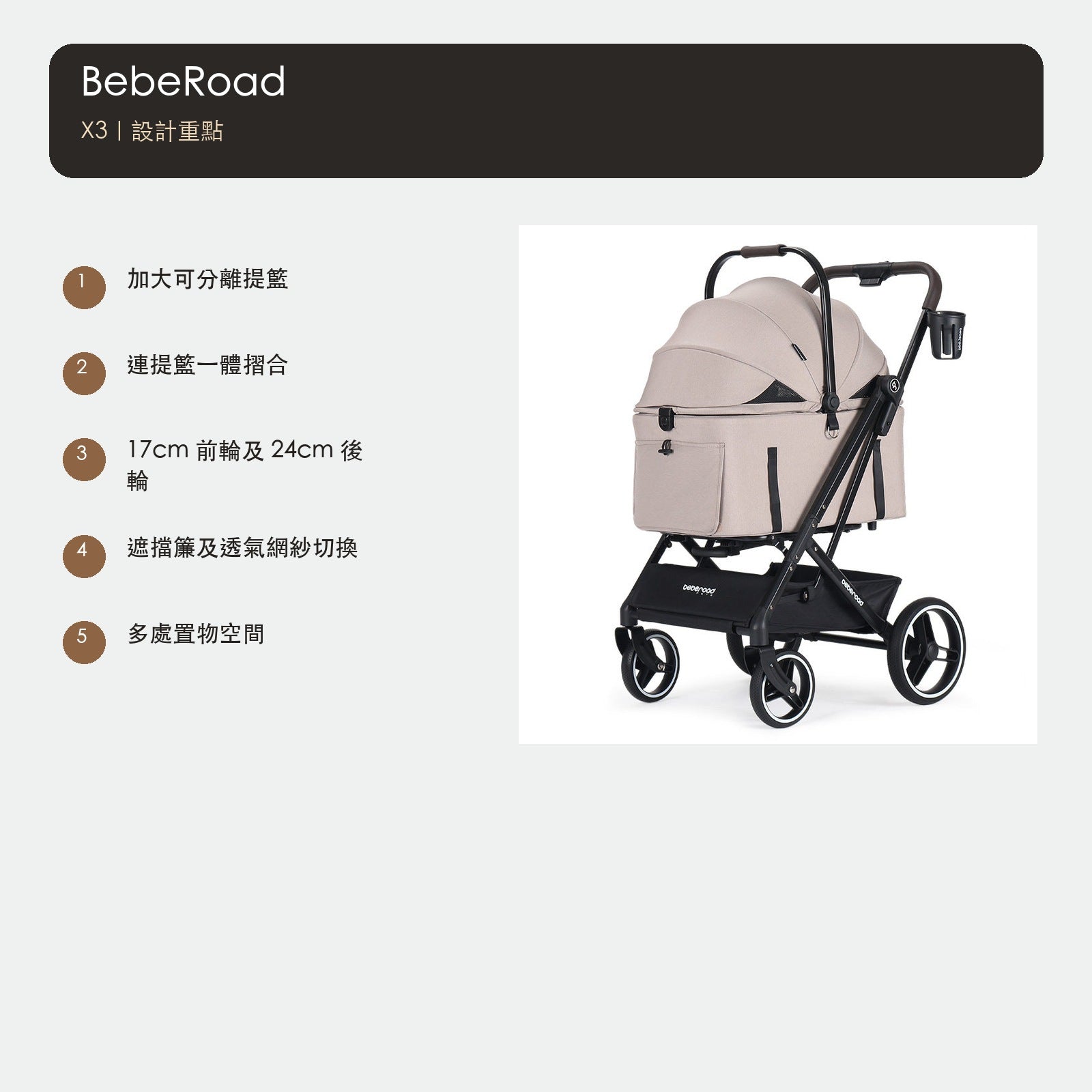 BebeRoad X3 中型可分離提籃二合一寵物推車 商品圖片 3