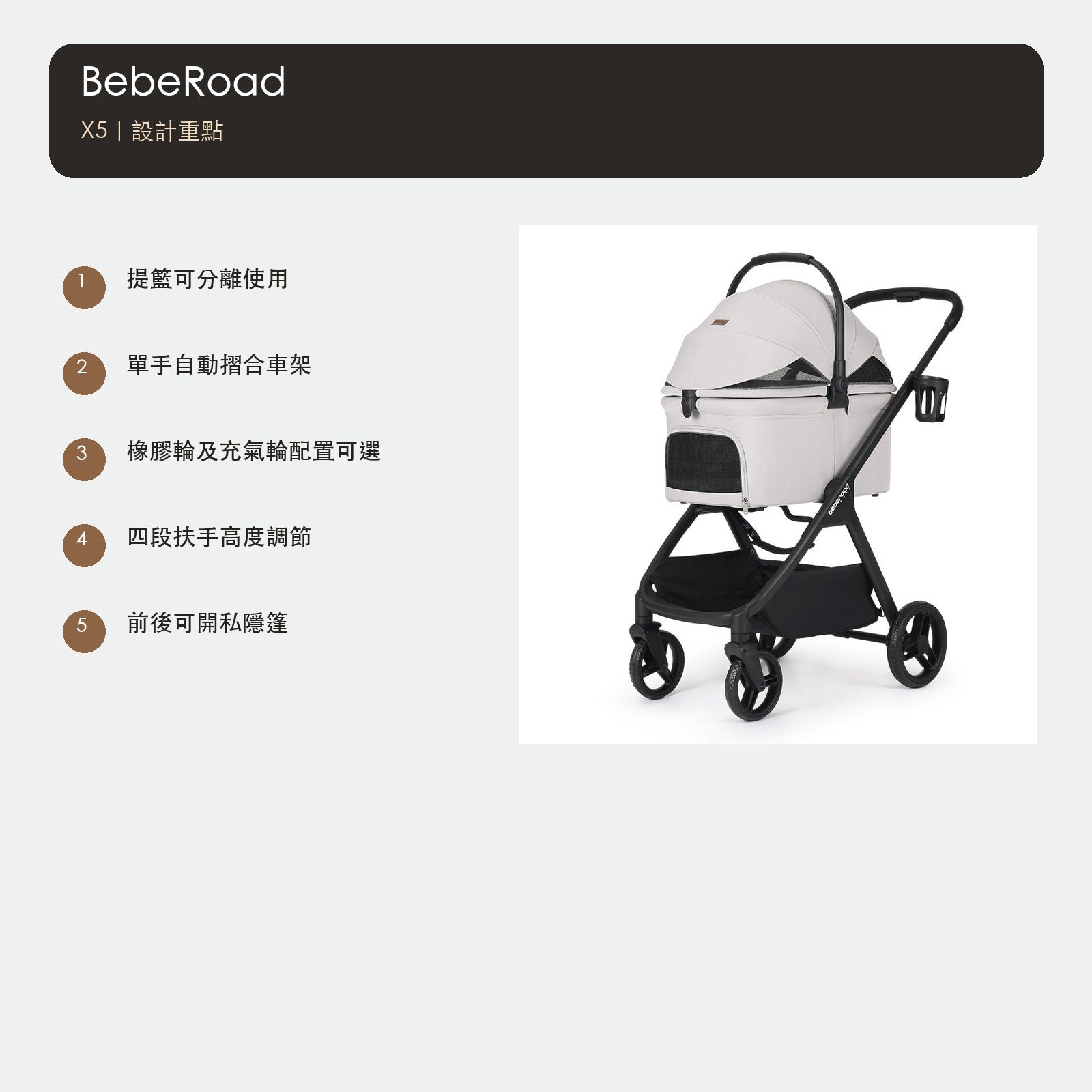 BebeRoad X5 中型可分離自動摺疊寵物推車（標準／充氣輪） 商品圖片 5