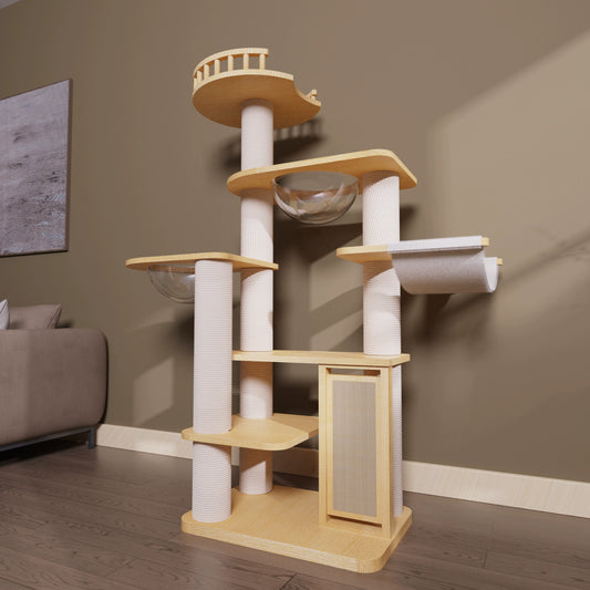 橡木清爽通風清涼實木劍麻柱貓爬架 M2 (太空艙5層款｜140cm)-貓-毛孩物語Pets Thing｜香港寵物貓狗用品專門店：IATA寵物飛機籠、寵物手推車、貓爬架貓樹