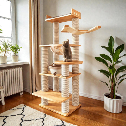 橡木清爽通風清涼實木劍麻柱貓爬架 (太空艙6層款｜152cm)-貓-毛孩物語Pets Thing｜香港寵物貓狗用品專門店：IATA寵物飛機籠、寵物手推車、貓爬架貓樹