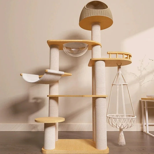 高質橡木純實木多功能貓爬架連太空艙貓窩連貓床 R3 (加粗貓抓柱6層款｜170cm)-貓-毛孩物語Pets Thing｜香港寵物貓狗用品專門店：IATA寵物飛機籠、寵物手推車、貓爬架貓樹