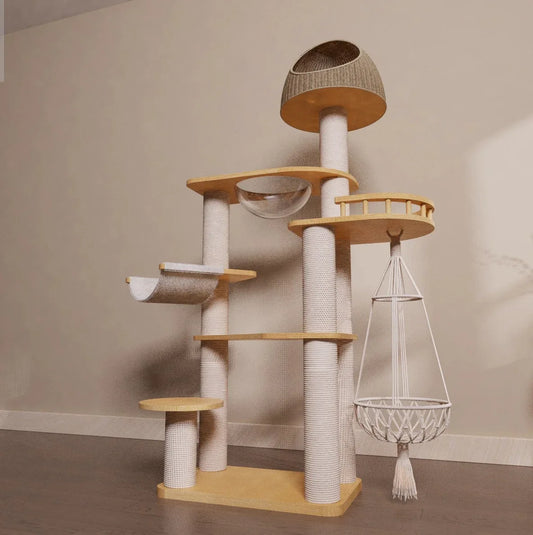 高質橡木純實木多功能貓爬架連太空艙貓窩連貓床 R3 (加粗貓抓柱6層款｜170cm)-貓-毛孩物語Pets Thing｜香港寵物貓狗用品專門店：IATA寵物飛機籠、寵物手推車、貓爬架貓樹