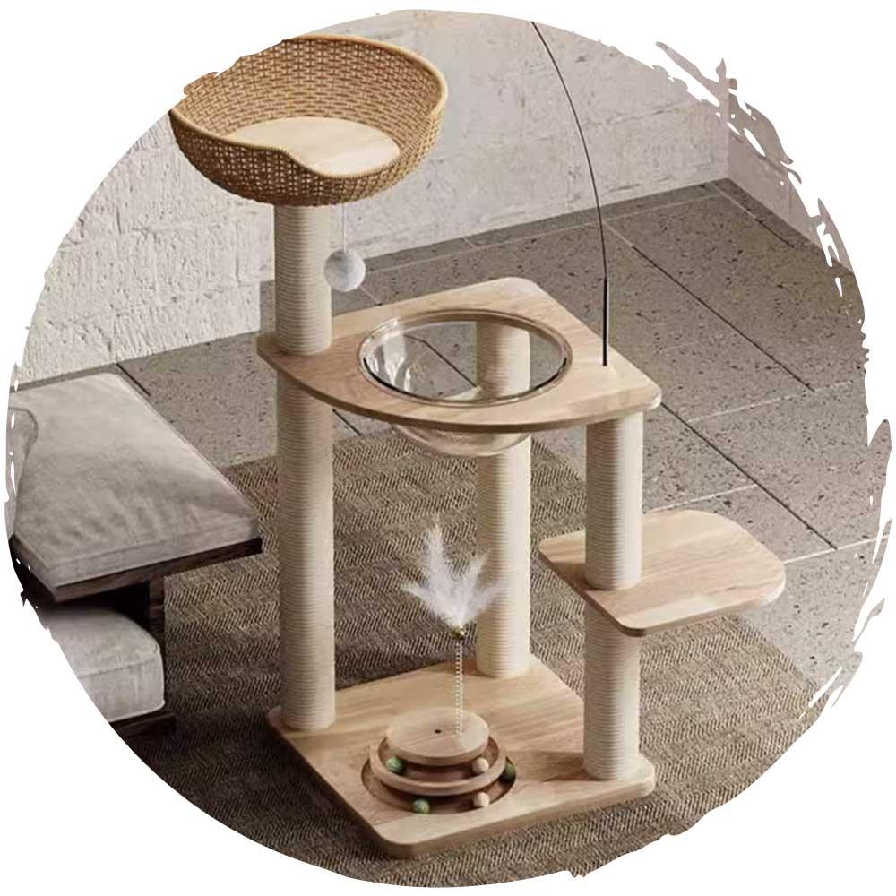 實木一體式貓爬架連太空艙貓窩逗貓滾球玩具 (4層款｜107cm)-貓-毛孩物語Pets Thing｜香港寵物貓狗用品專門店：IATA寵物飛機籠、寵物手推車、貓爬架貓樹