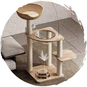 實木一體式貓爬架連太空艙貓窩逗貓滾球玩具 (4層款｜107cm)-貓-毛孩物語Pets Thing｜香港寵物貓狗用品專門店：IATA寵物飛機籠、寵物手推車、貓爬架貓樹
