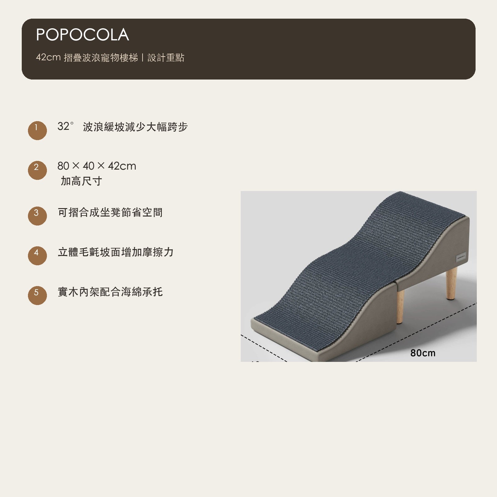 POPOCOLA 42cm 加高摺疊波浪寵物樓梯（深灰／卡其） 商品圖片 3
