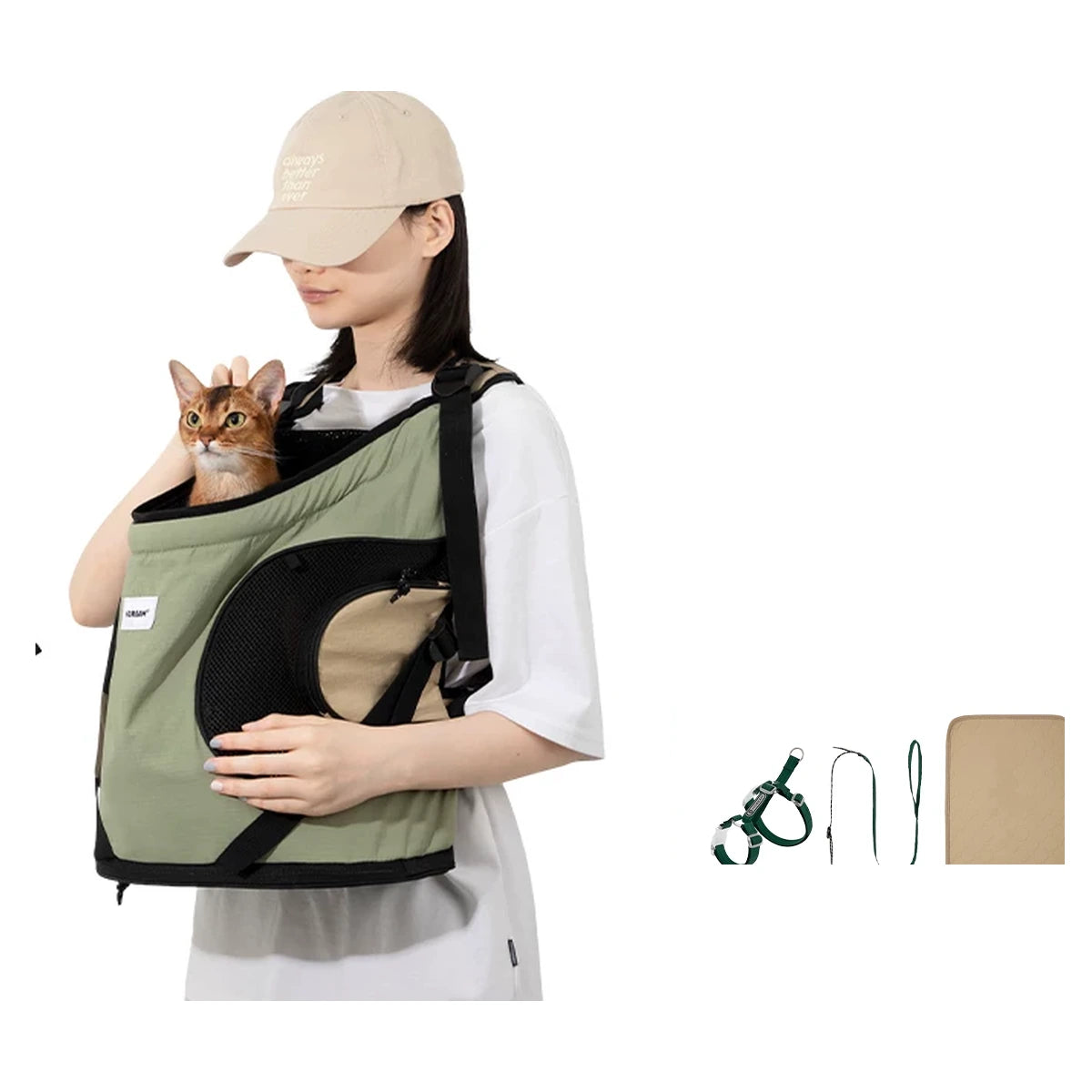 HiDREAM 前抱式寵物背包 橄欖綠＋防漏尿墊＋松石綠胸背帶牽引繩