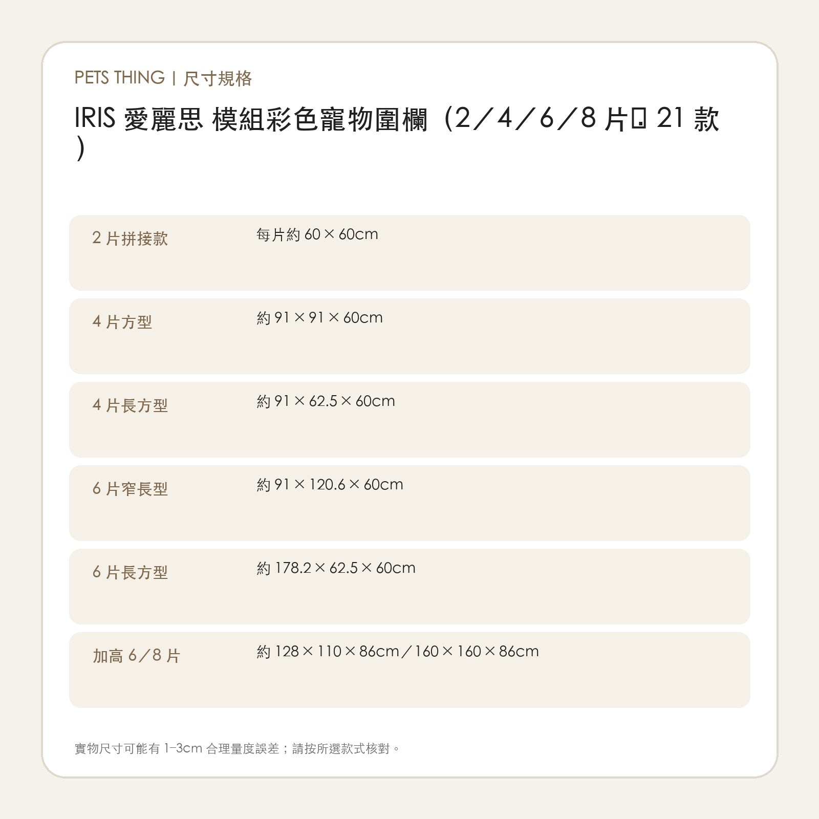 IRIS 愛麗思 模組彩色寵物圍欄（2／4／6／8 片・21 款） 繁體中文尺寸規格