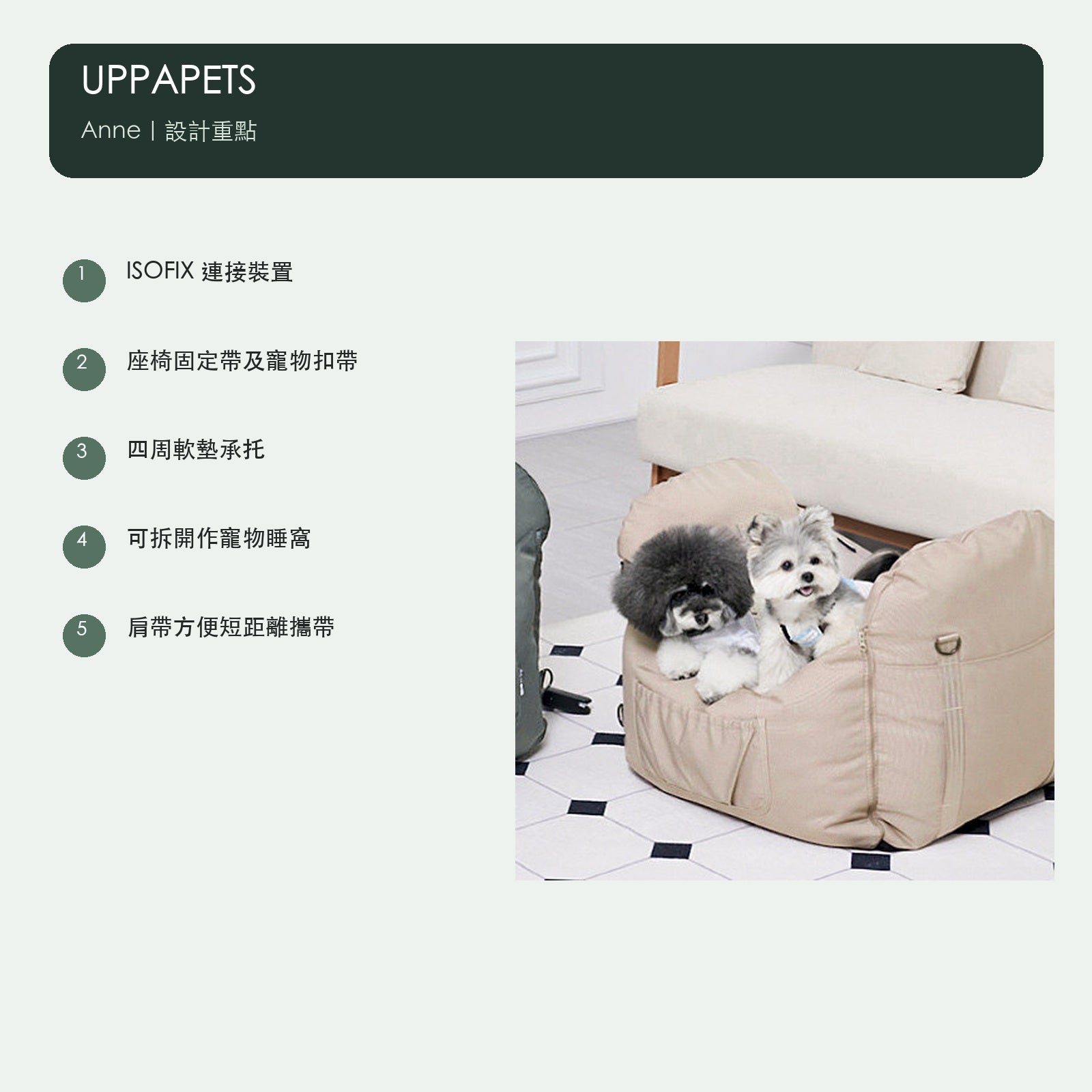 UPPAPETS Anne ISOFIX 車載寵物座椅／手提睡窩（2 色） 商品圖片 3