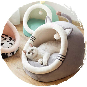保暖四季通用附厚墊半閉式貓窩 (灰色貓咪｜中碼)-貓狗-毛孩物語Pets Thing｜香港寵物貓狗用品專門店：IATA寵物飛機籠、寵物手推車、貓爬架貓樹
