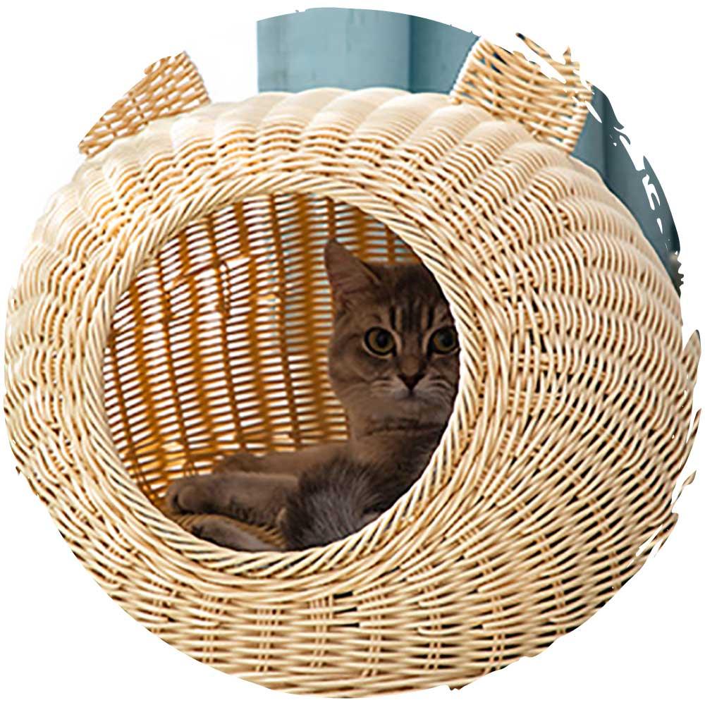 仿藤半圓可愛貓耳仔貓窩 (中碼｜附送涼墊、棉墊)-貓-毛孩物語Pets Thing｜香港寵物貓狗用品專門店：IATA寵物飛機籠、寵物手推車、貓爬架貓樹
