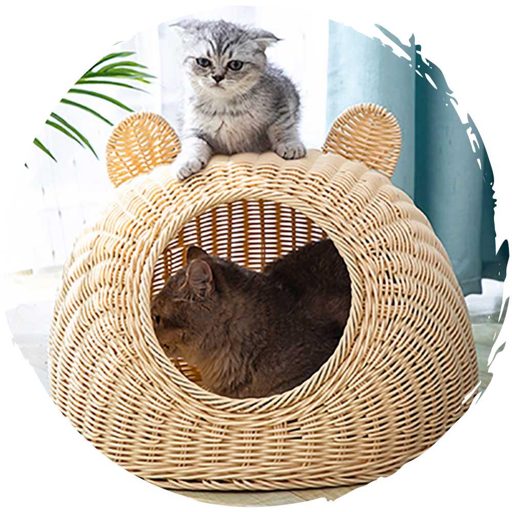仿藤半圓可愛貓耳仔貓窩 (中碼｜附送涼墊、棉墊)-貓-毛孩物語Pets Thing｜香港寵物貓狗用品專門店：IATA寵物飛機籠、寵物手推車、貓爬架貓樹